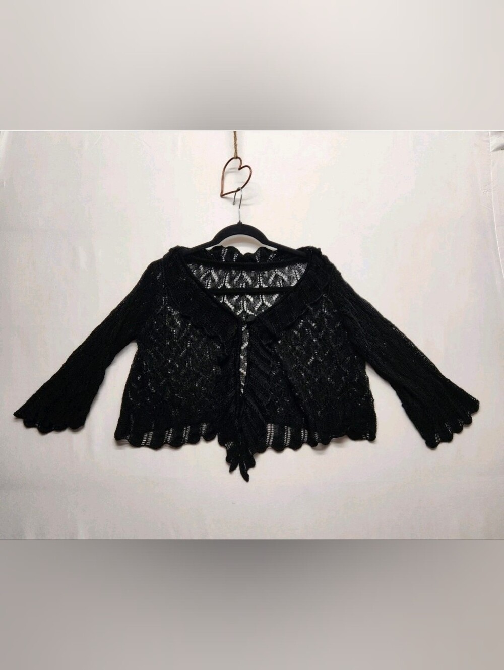 ⭐️Vintage 90s Grunge Whimsigoth Black Crochet Cardigan Poet Bell Sleeve Y2K